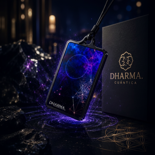 DHARMA Quantum Card accesorio de bienestar premium con energía azul y púrpura